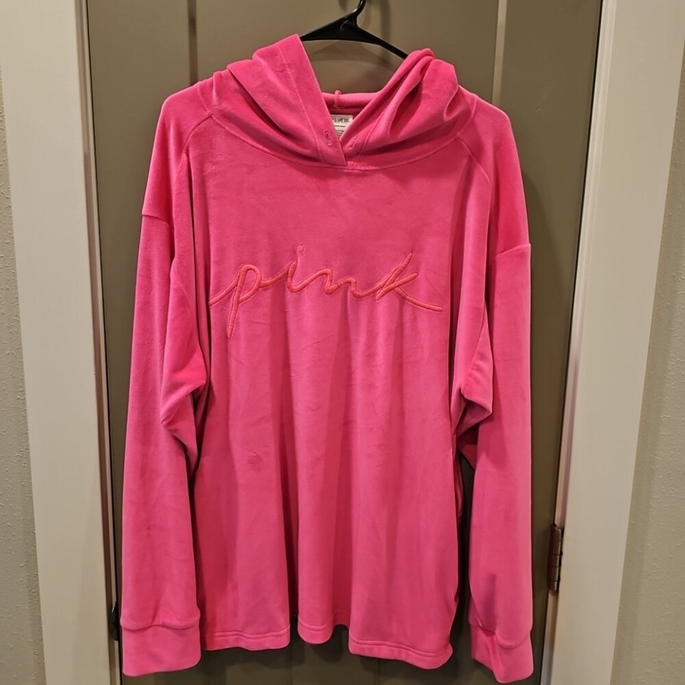 PINK Hoodie Hot Pink Colored Velour Long Sleeve Pullover Women’s Size Large